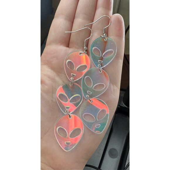 Iridescent Long Dangle Alien Earrings - Picture 2 of 3